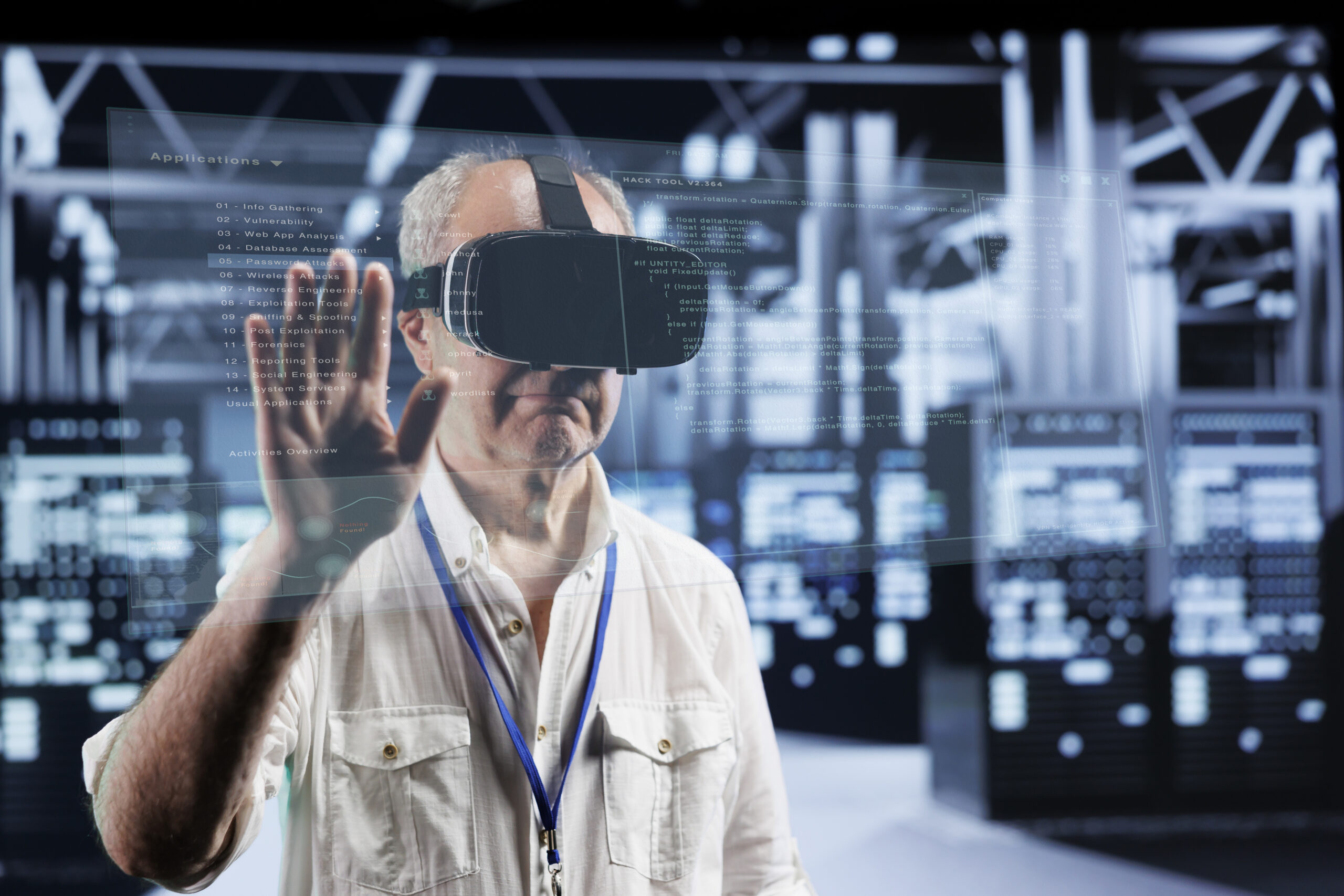 Data center supervisor using a virtual reality headset beside server equipment