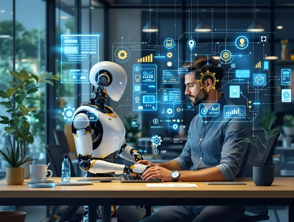 Man sits desk with robot words internet screen