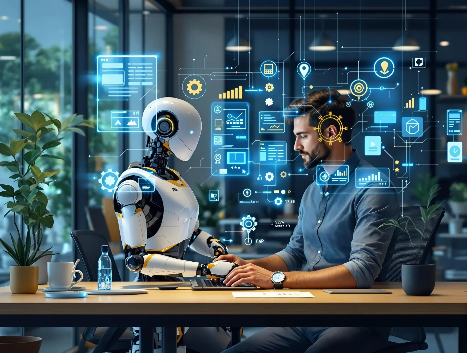 Man sits desk with robot words internet screen