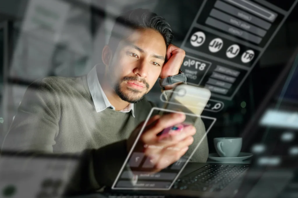 Phone overlay man reading news financial website searching investment stock market hologram focus trader with digital ui ux fintech app profit growth data night