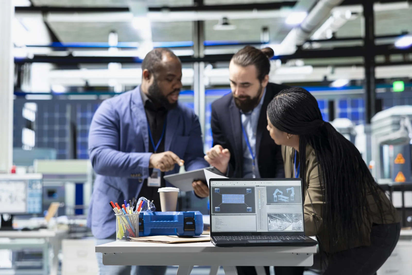 Multiethnic specialists engineers doing teamwork modern production line