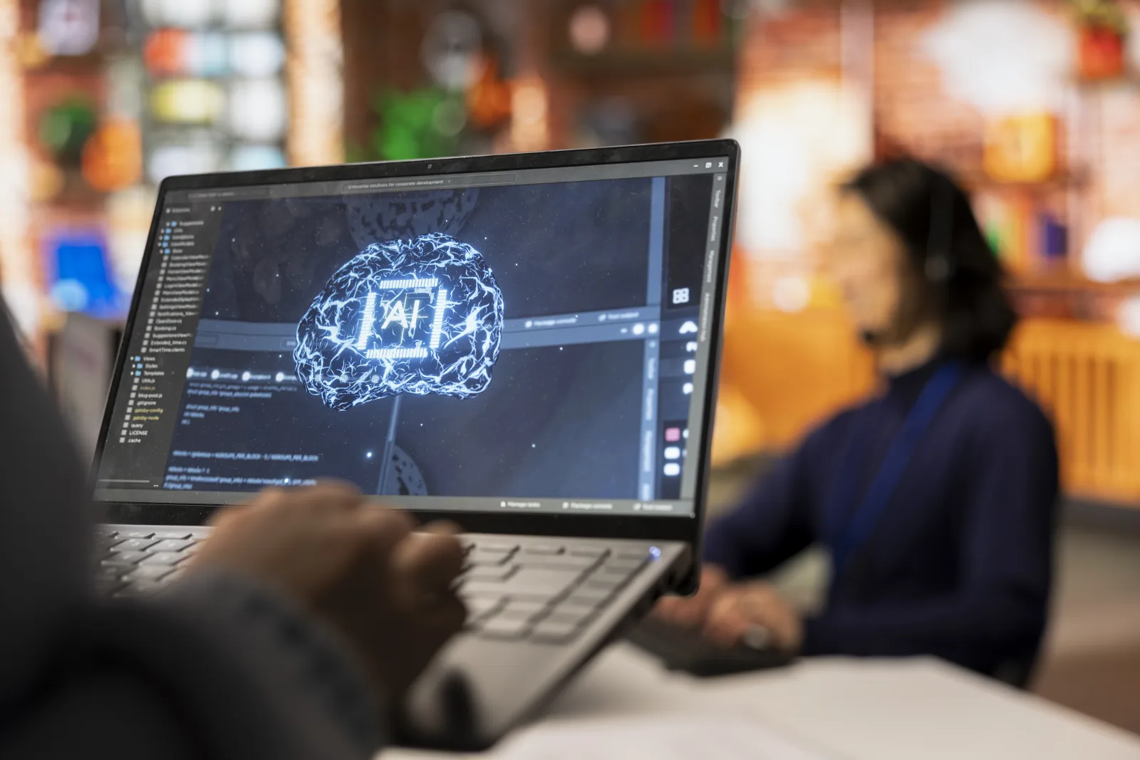 Call center worker using ai tech laptop reply customers closeup