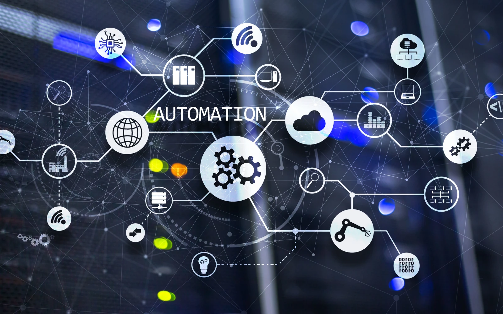 Business process automation concept blurred network cabinets new project 2020