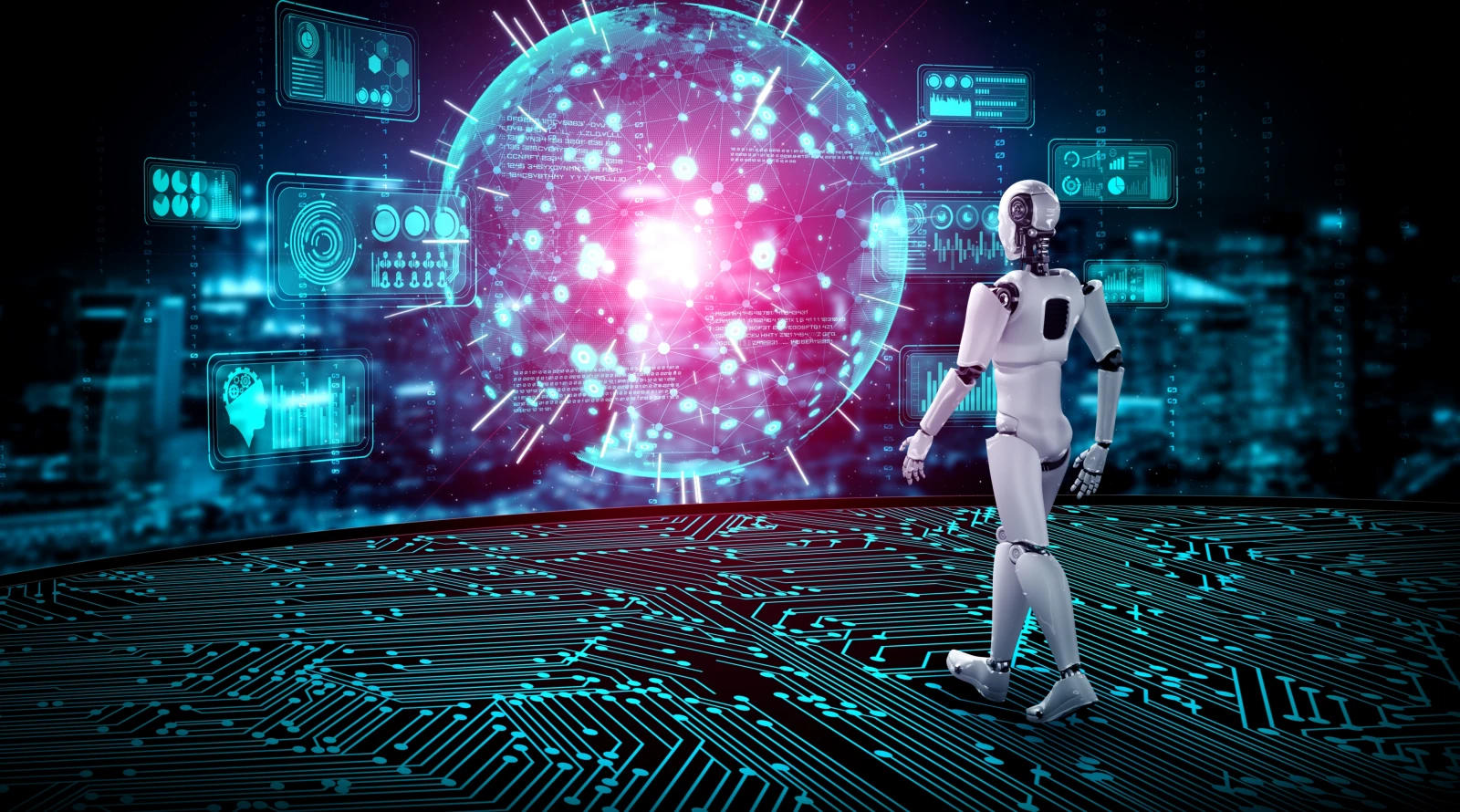 3d rendering robot humanoid analyzing big data using ai thinking 1