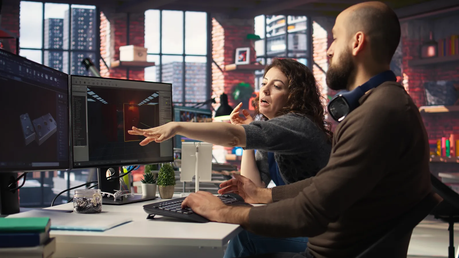Two developers team interact with virtual ai assistant pc design game hub using machine