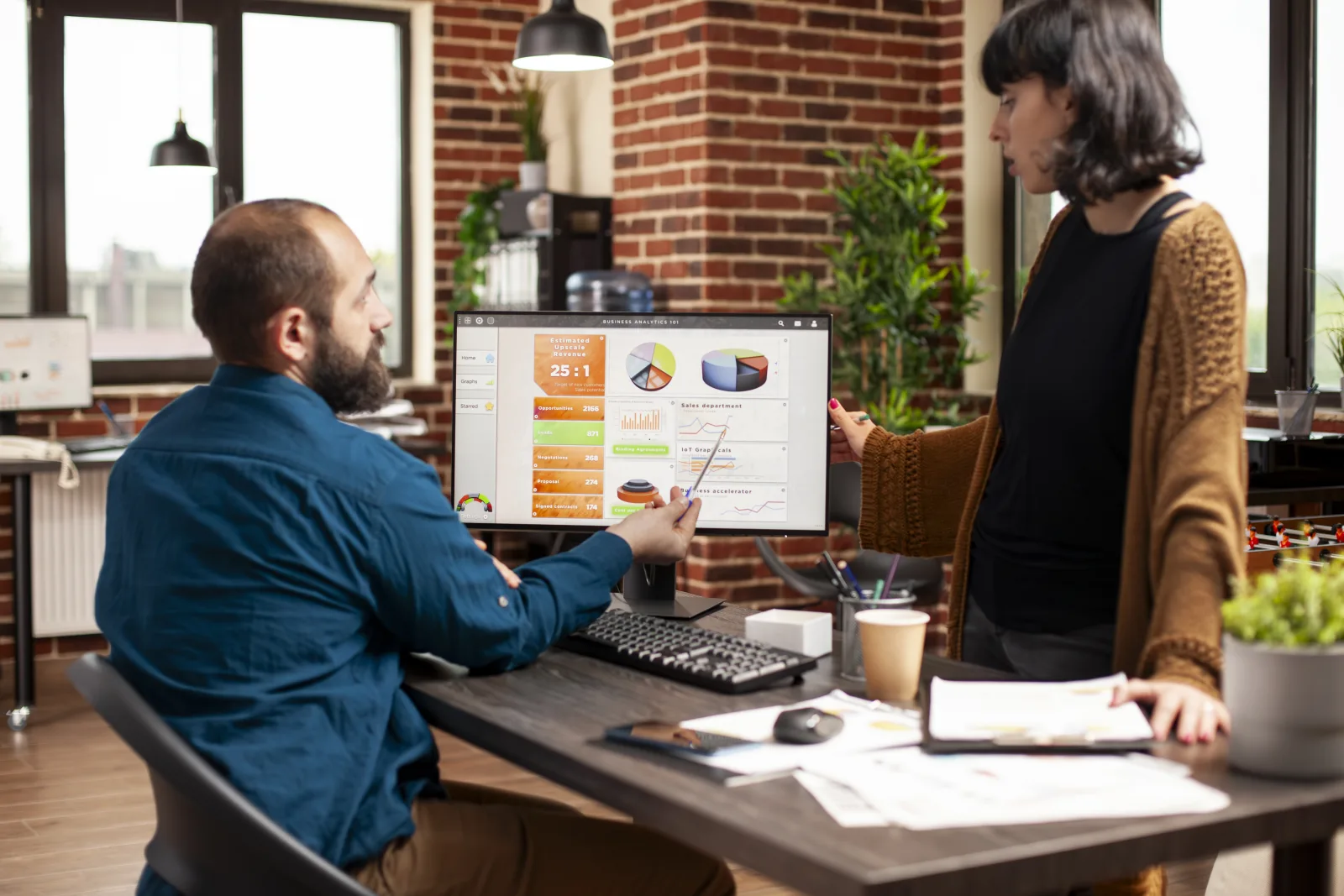 Woman listening businessman office