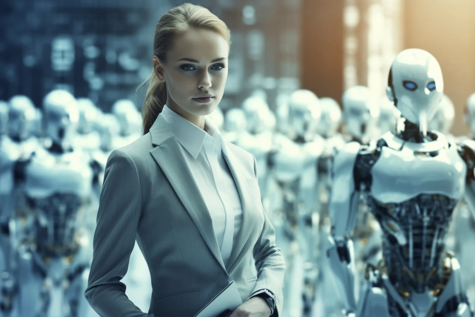 Person surrounded by ai robots coworkers