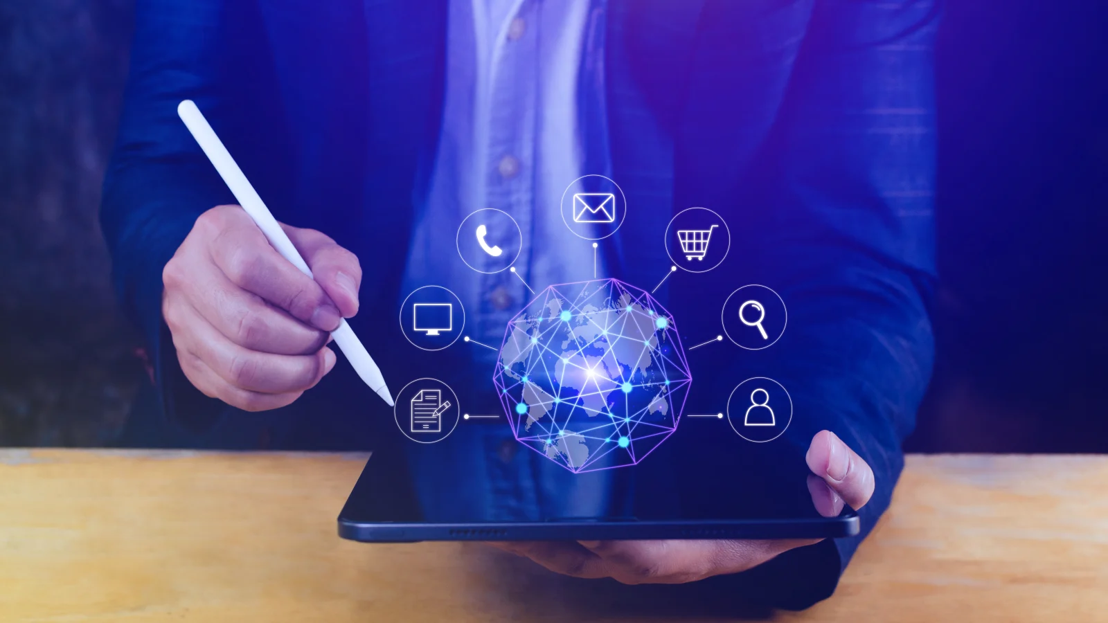 Businessman touching global network connection digital business hologram big data analytics business intelligence concept infograph technology