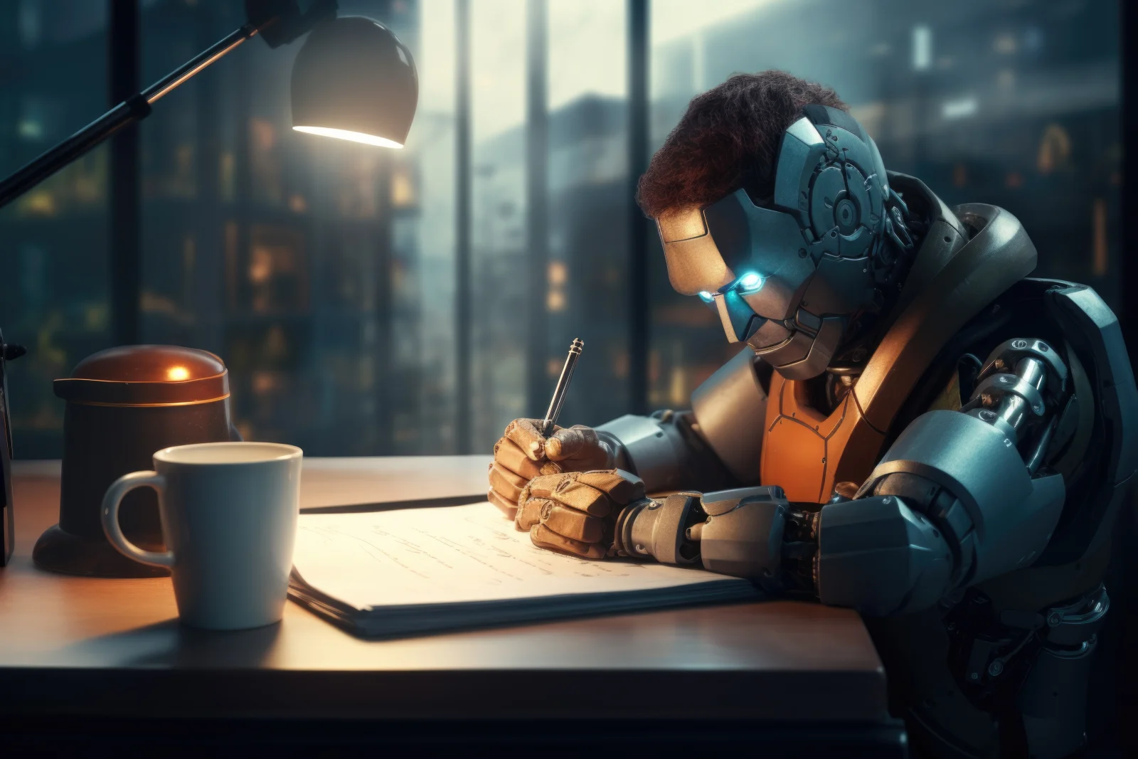 Robot sitting desk writing piece paper suitable technology artificial intelligence education concepts