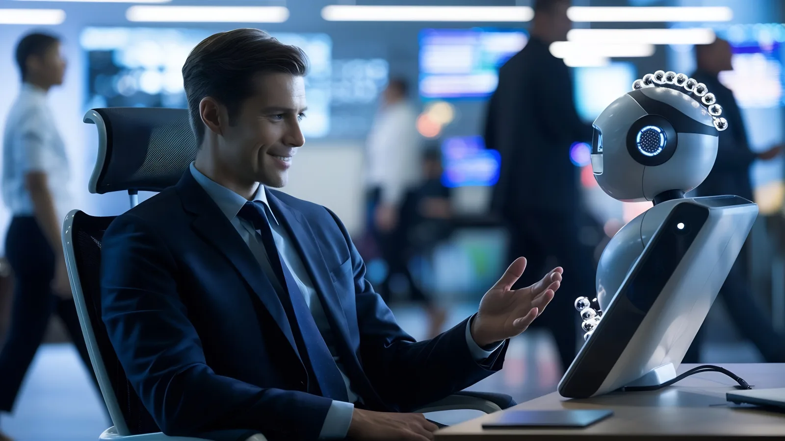 Businessman blurred background chatting with chatbot