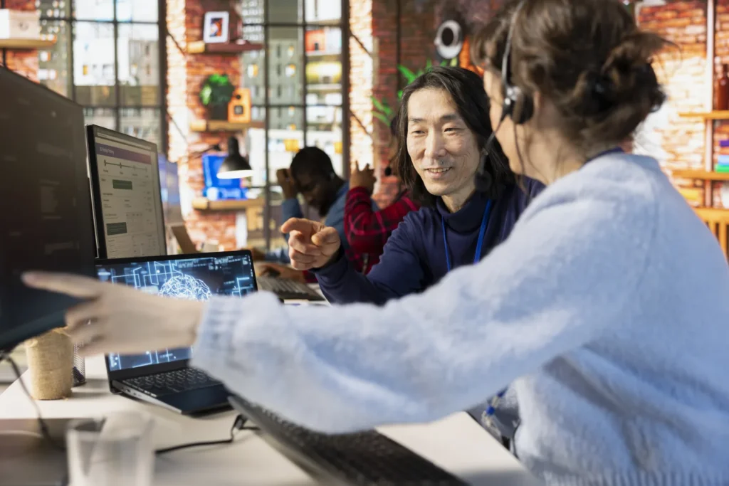 Smiling call center onboarding specialist training new agent helpful ai tools