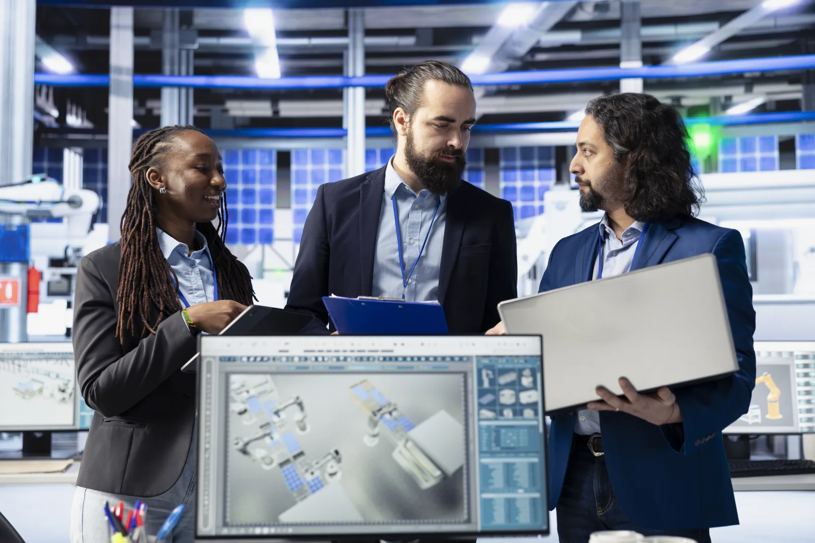 Engineering team solar panel plant adjusting robotic machinery settings