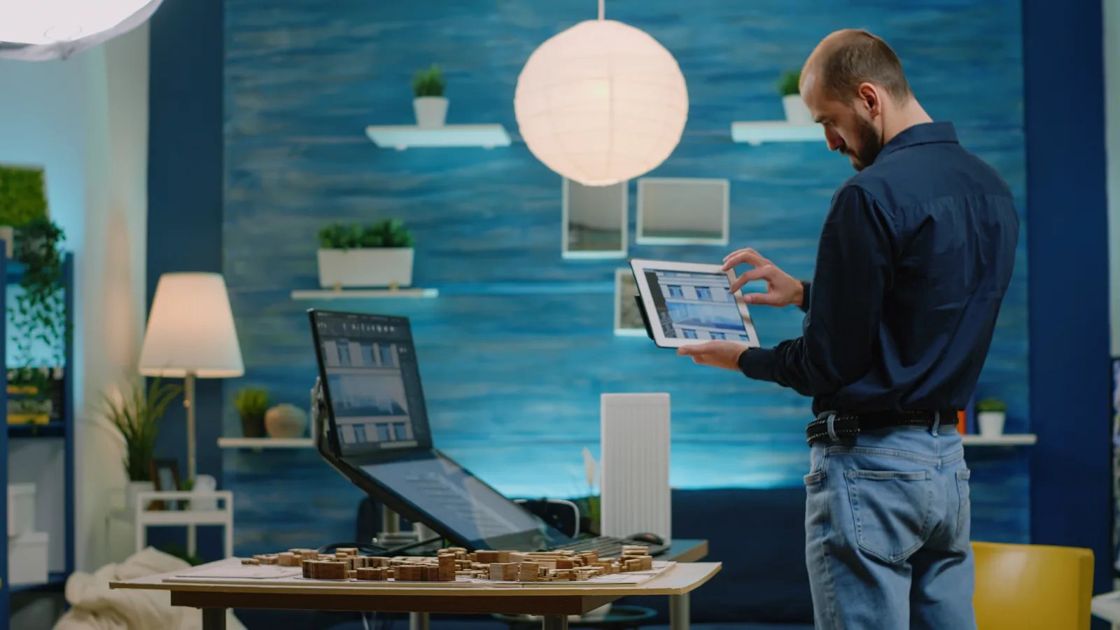 Architect looking tablet with building model development man engineer holding gadget analyzing construction layout computer having maquette print plan table