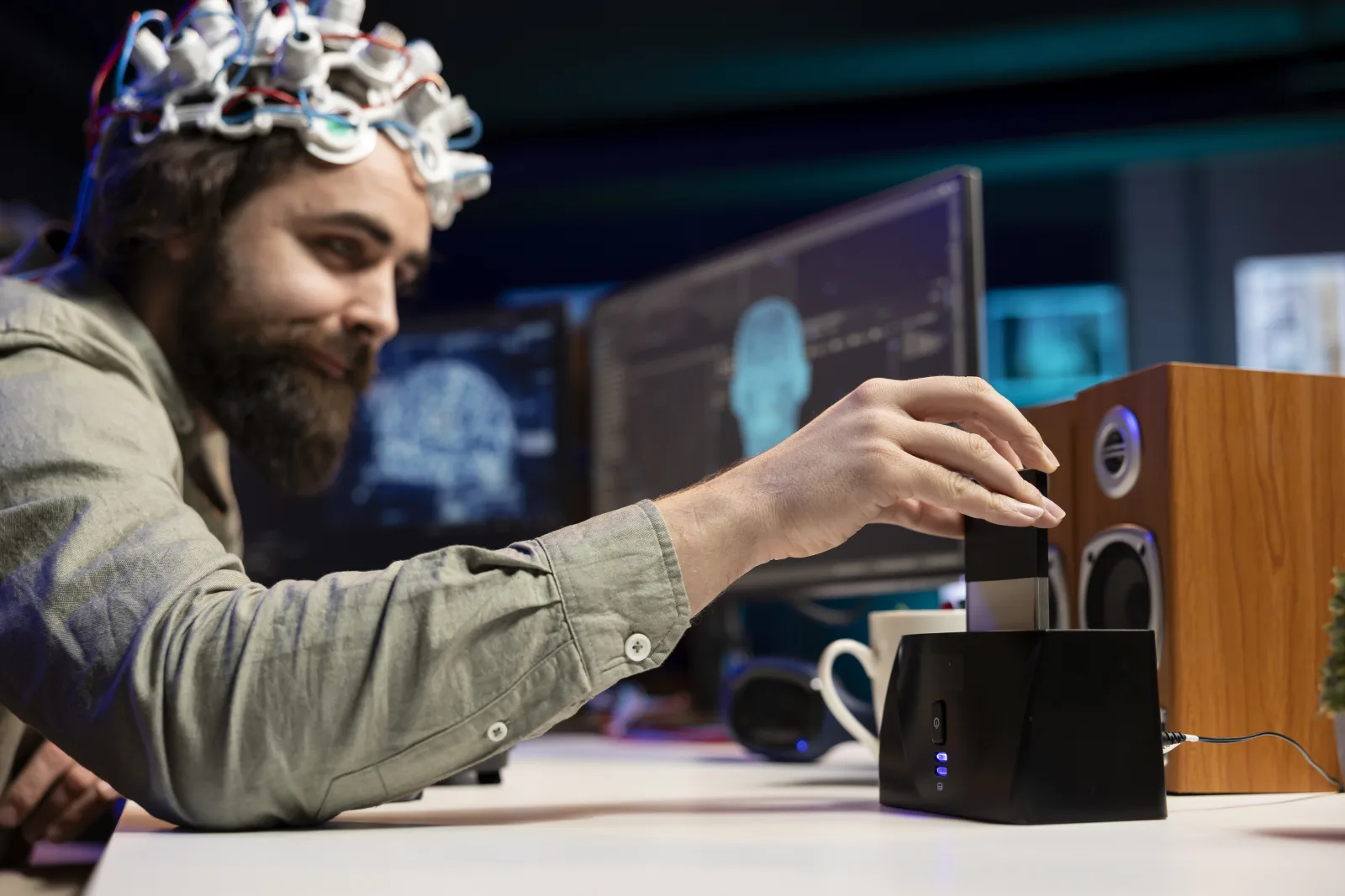 Engineer with eeg headset inserting cartridge into pc