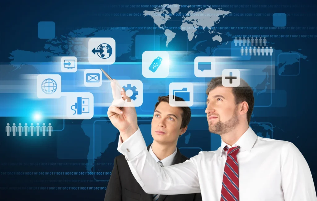 Portrait two businessmen working together international communications concept