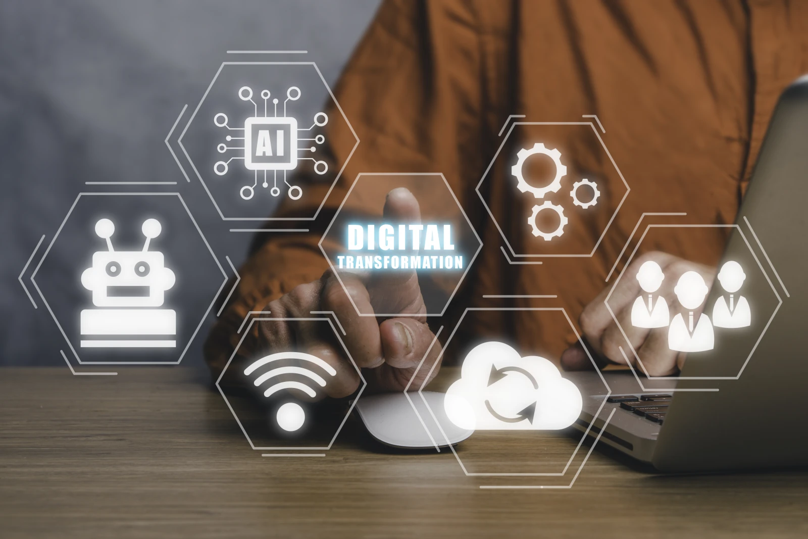 Digital transformation digitalization technology concept young businessman working laptop computer with virtual screen digital transformation icon office desk