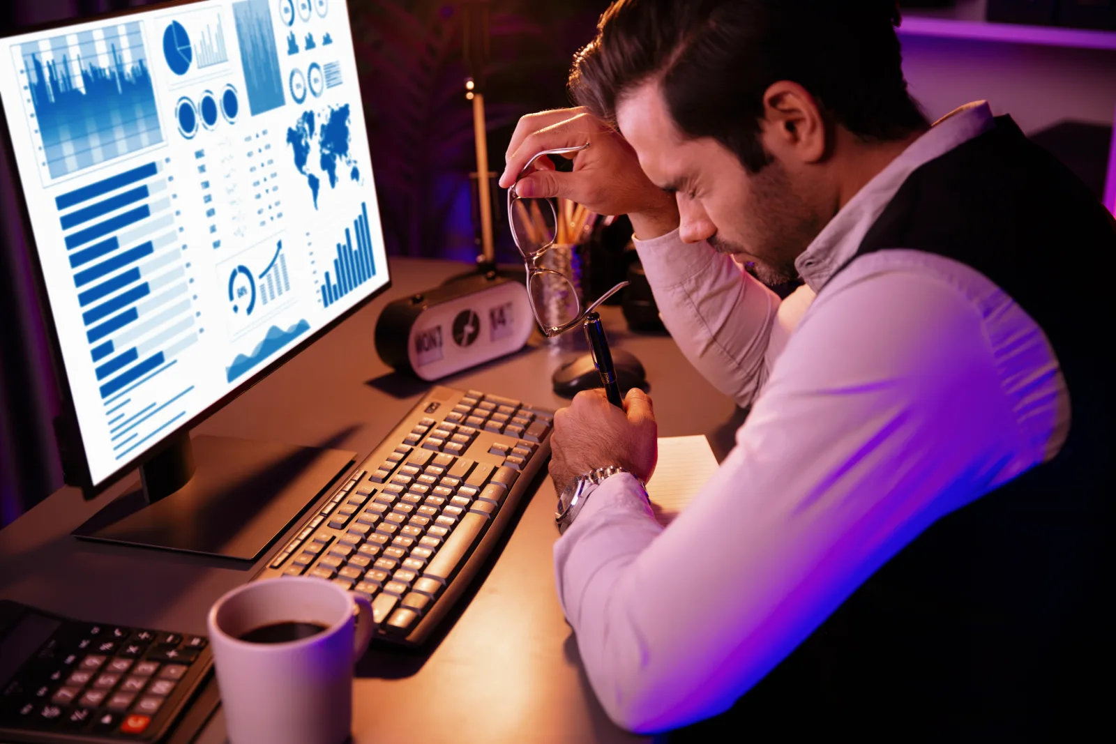 Smart businessman having headache with unfinished product service surmise