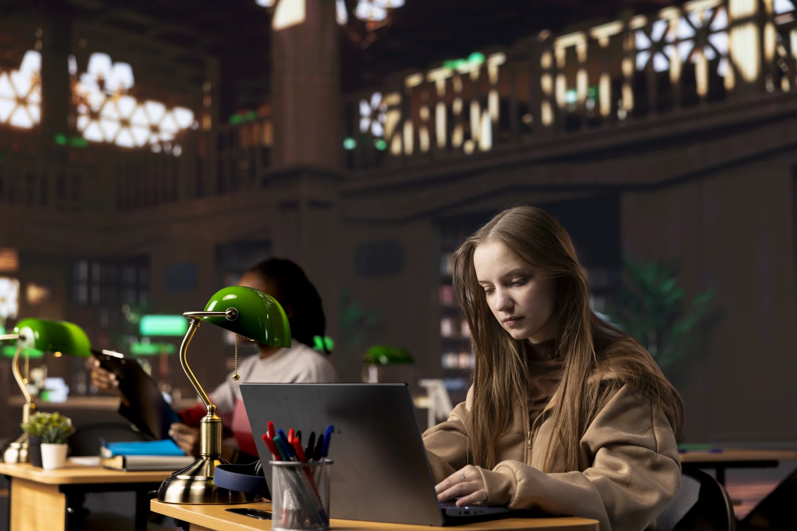 College student captivated by her literature assignment academic library