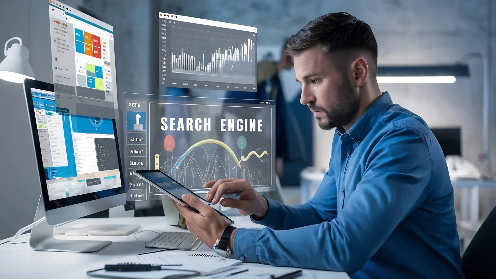 Man working with tablet manage search engine optimization seo with social media website
