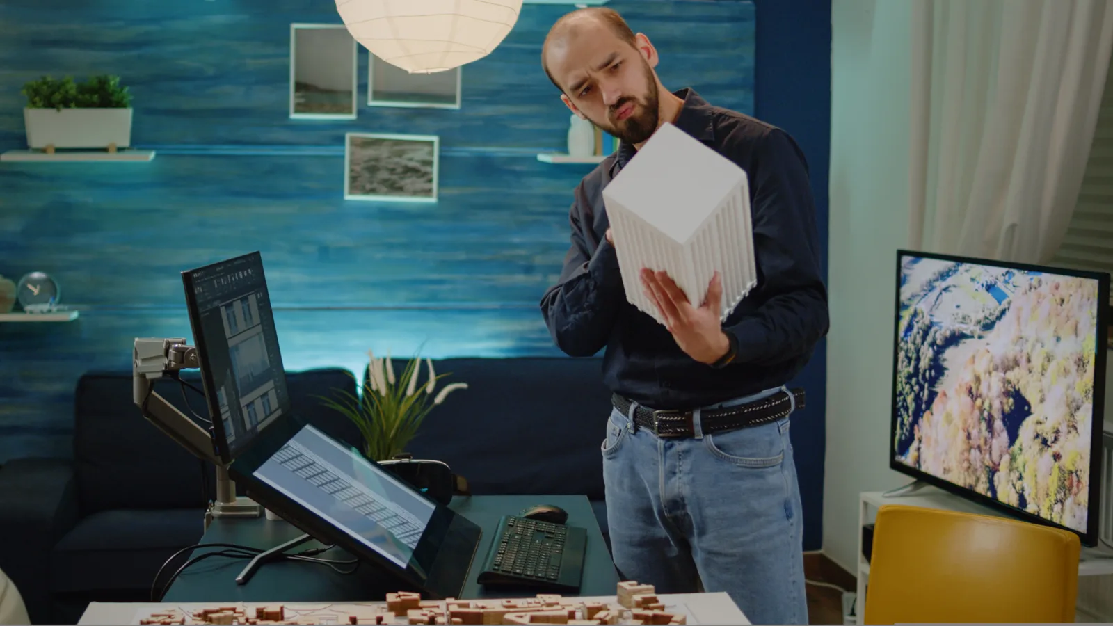 Man architect checking maquette hand with model monitor