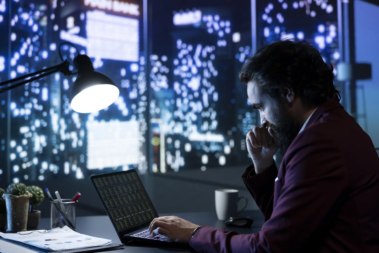 Financial analyst inspecting global business market laptop