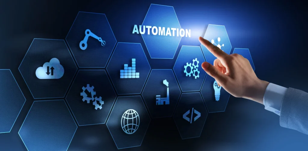 Automation technology process businessman is pressing virtual screen
