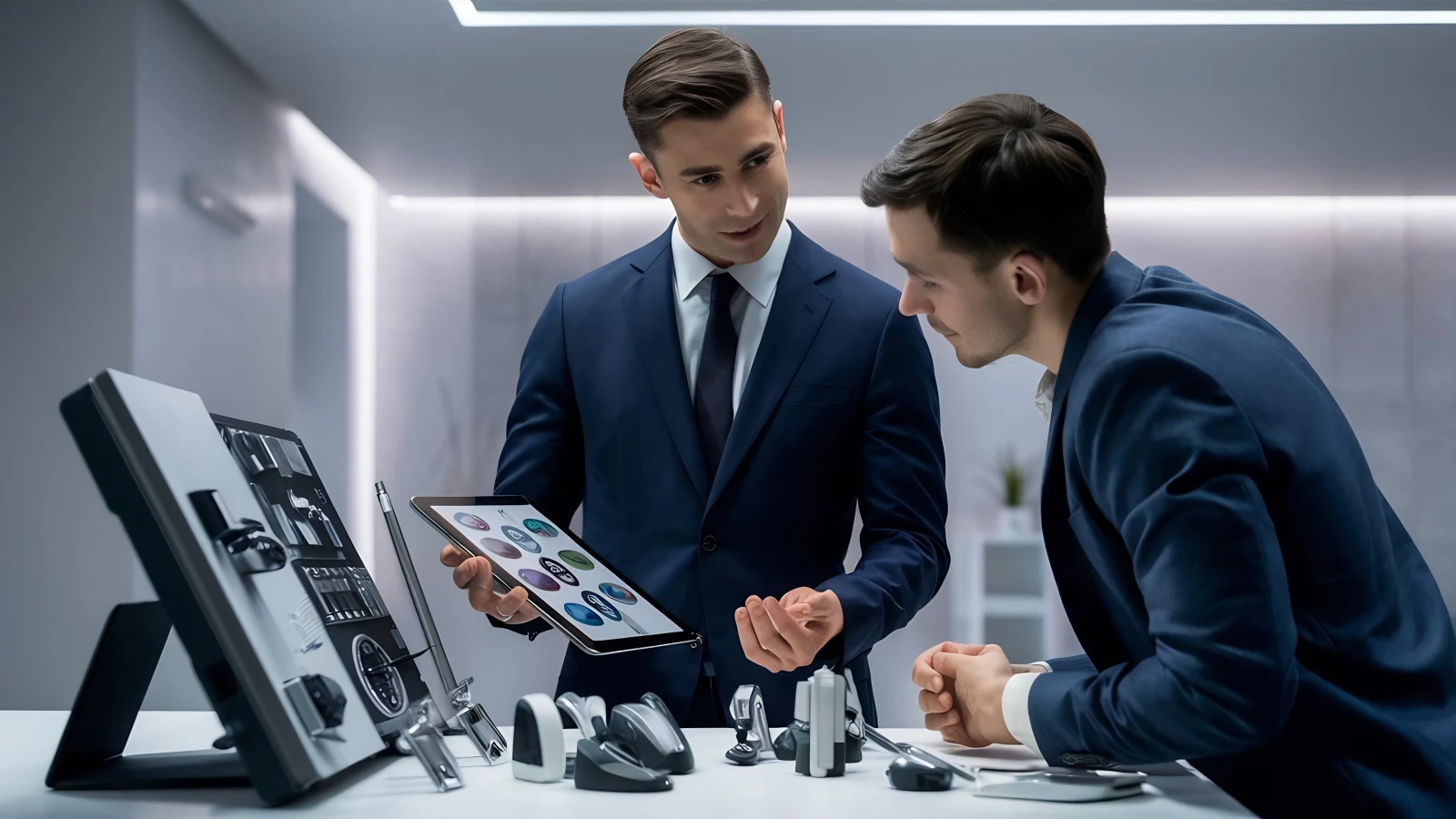 Salesman is shows selection equipment client