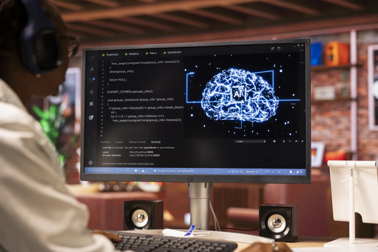 Remote employee works with ai deep learning neural networks desktop pc