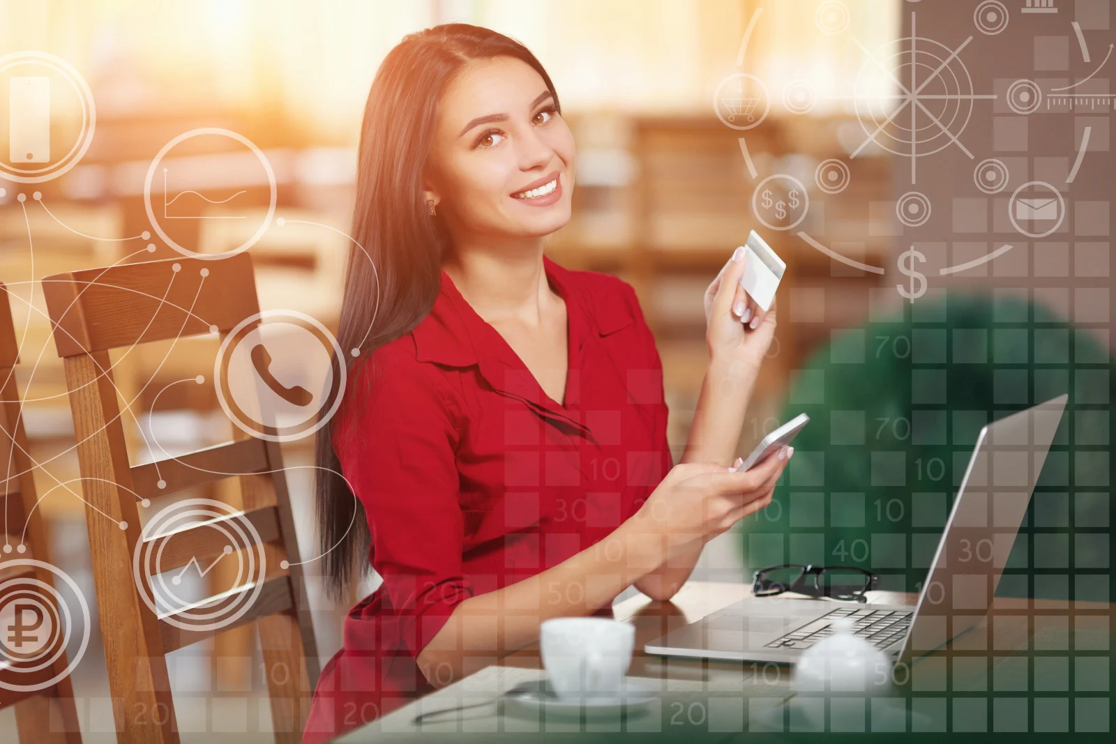 Smiling woman with card mobile