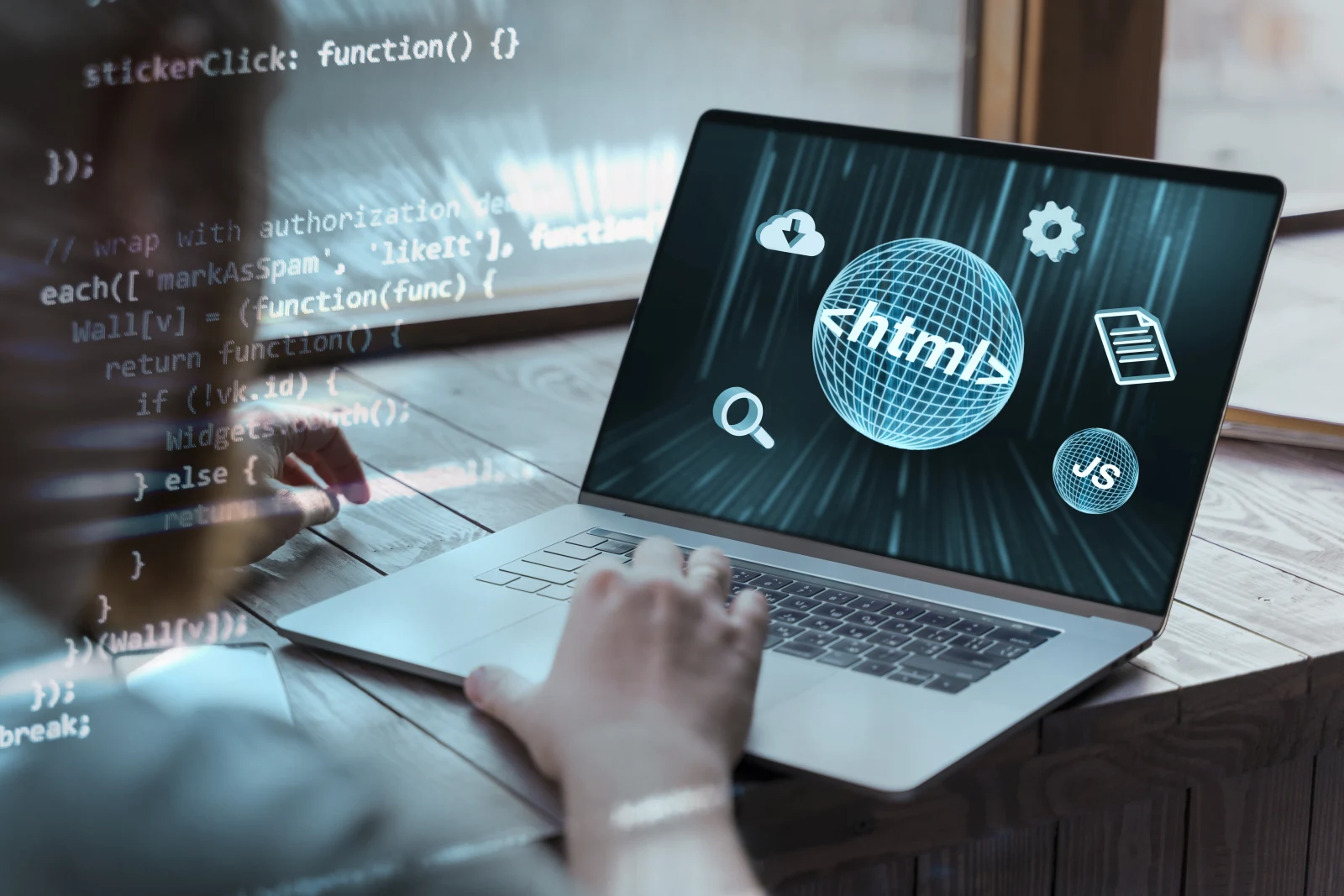 Person front computer working html
