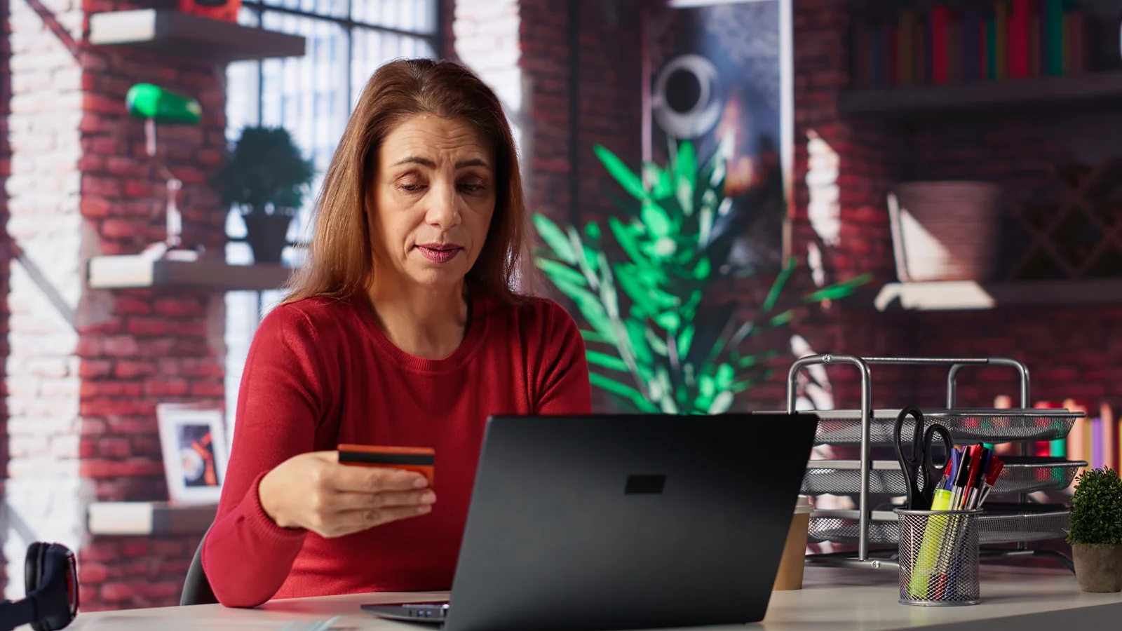 Responsible lady paying her bills doing her taxes laptop