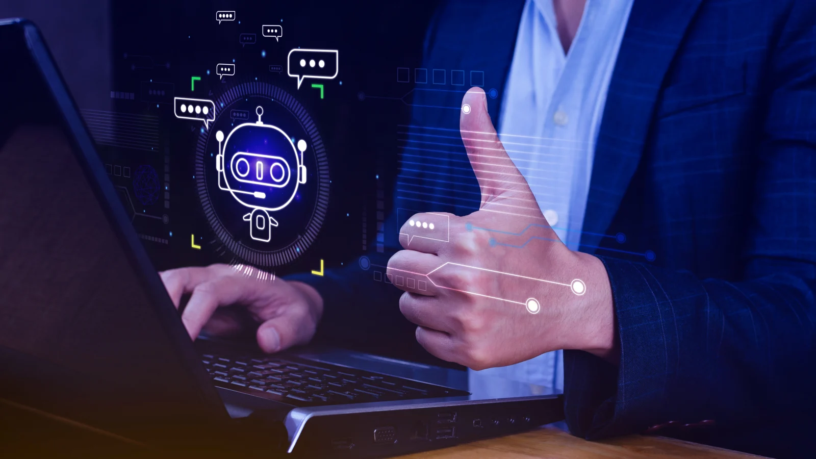 Businessman using digital chatbot robot application conversation assistant ai artificial intelligence concept digital chatbot virtual screen