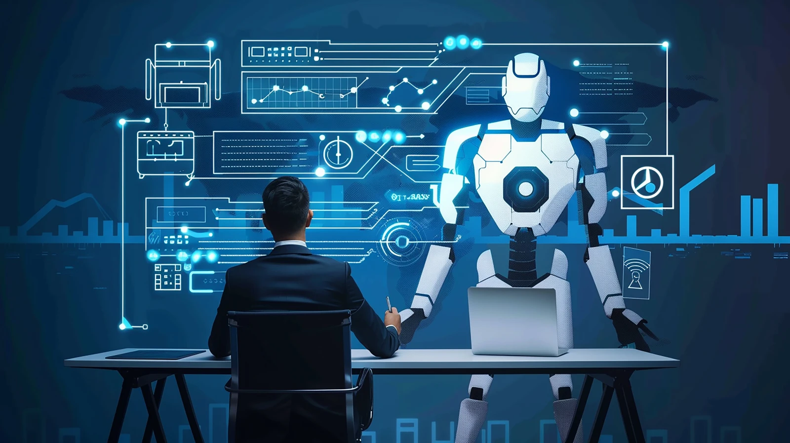 Businessman consulting ai with client
