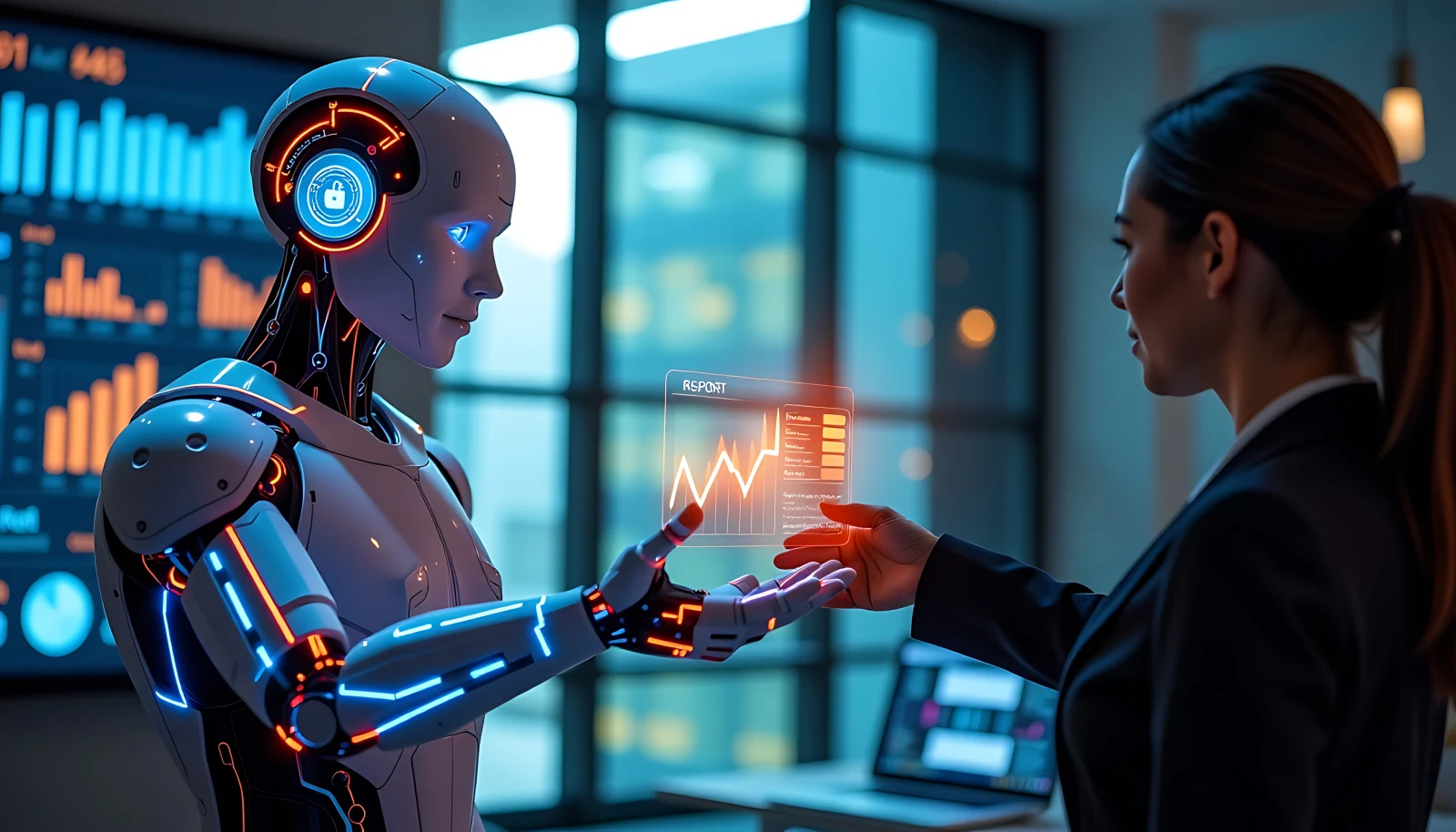Ai assistant visual glowing ai figure handing digital report businessperson background