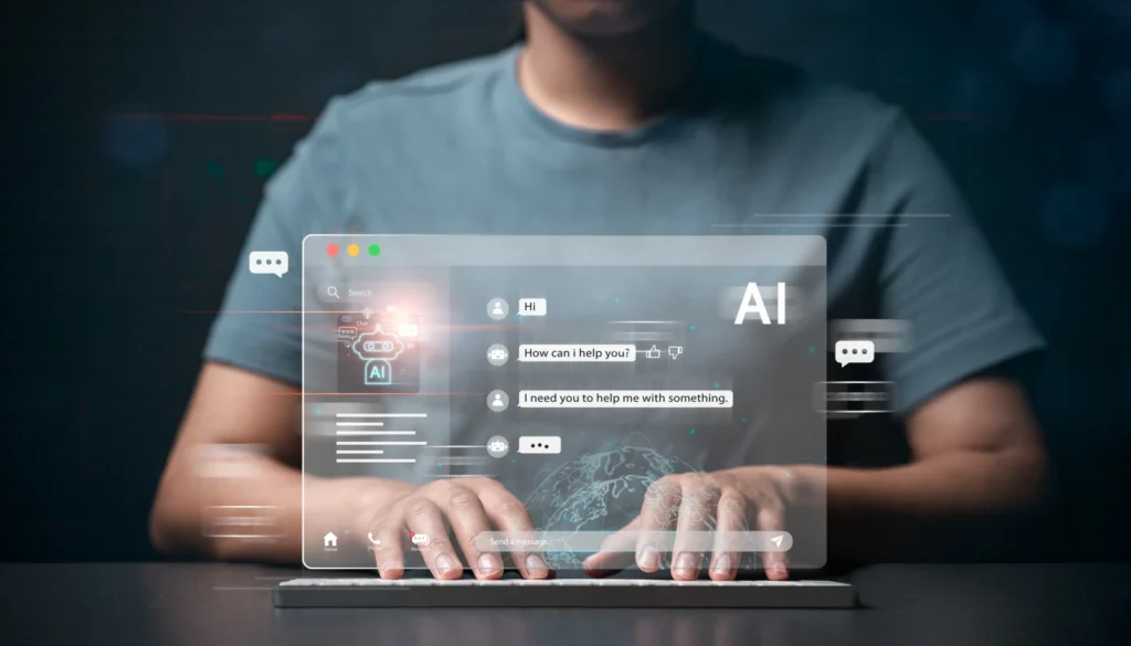 Businesswoman using computer digital display talk chat bots with ai artificial intelligence technology communicating conversations asking help