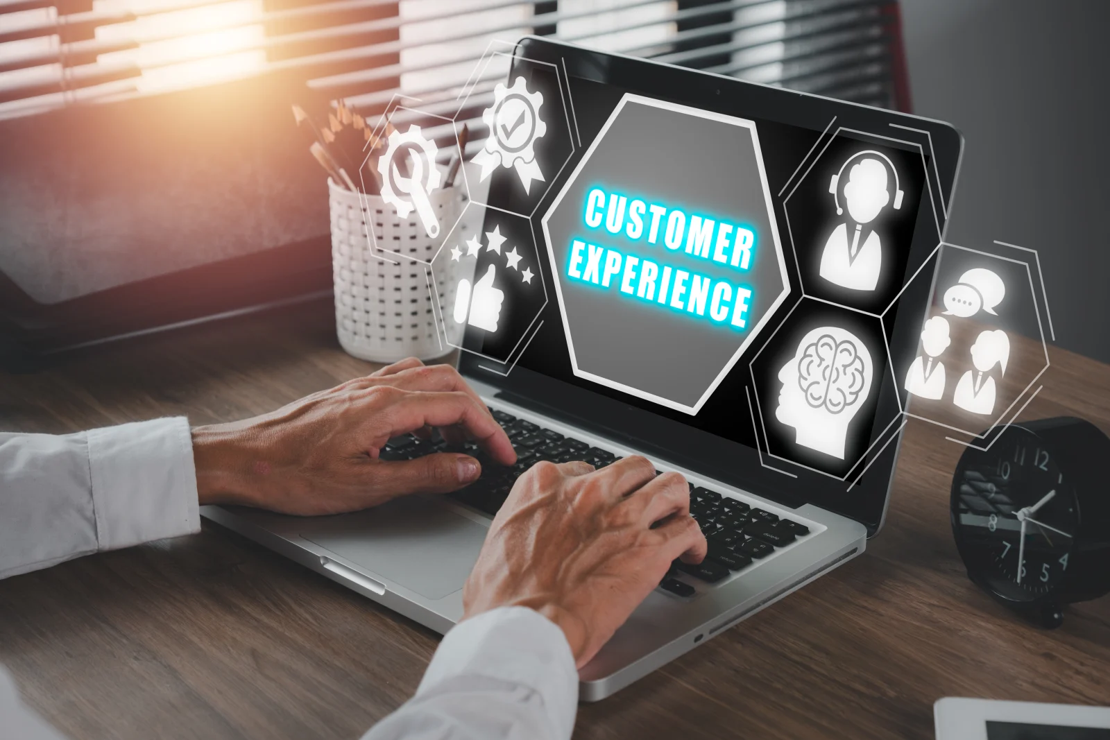 Customer experience concept businessman working laptop computer with customer experience icon virtual screen