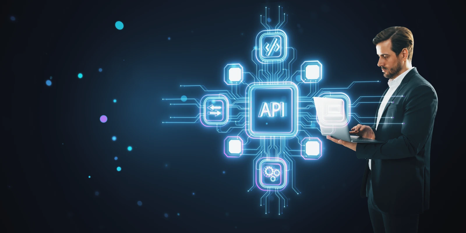 Businessman using laptop with glowing api icons neon network lines dark background technology concept