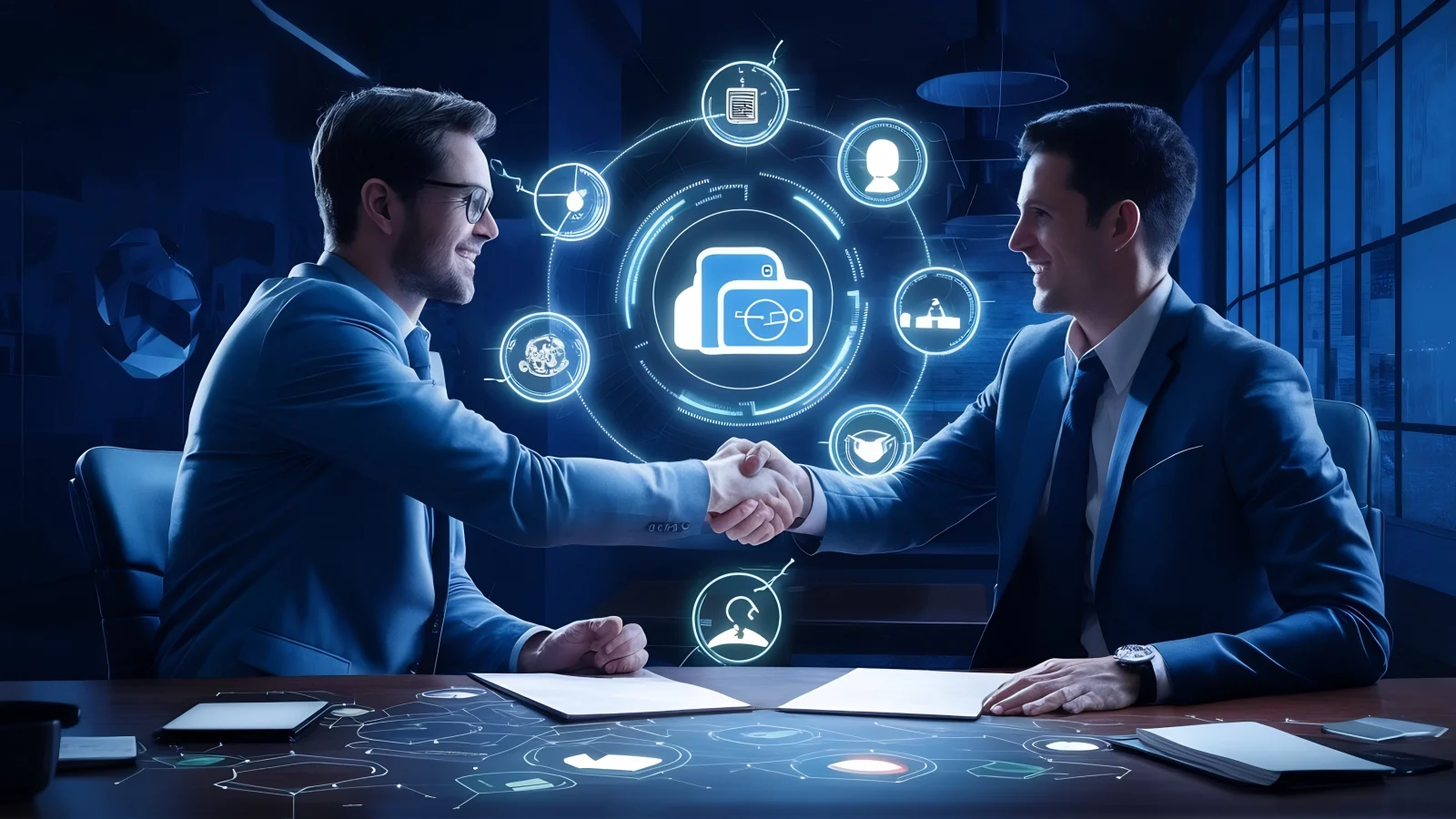 Handshake two businessmen who enters into contract develop new software improve busi