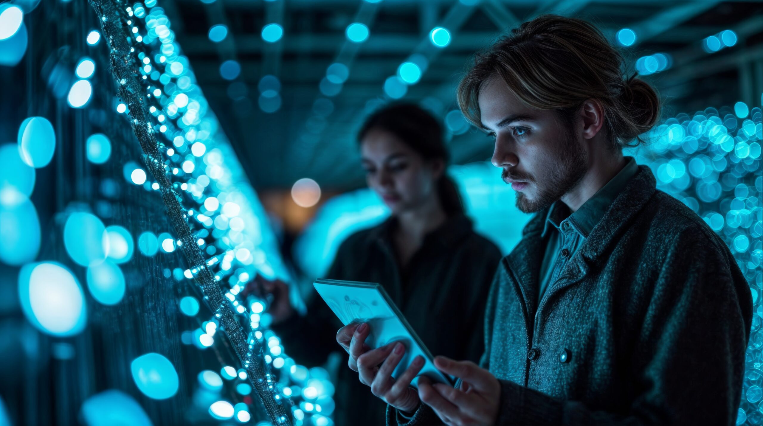 Engineers monitoring next generation networks in a futuristic control room